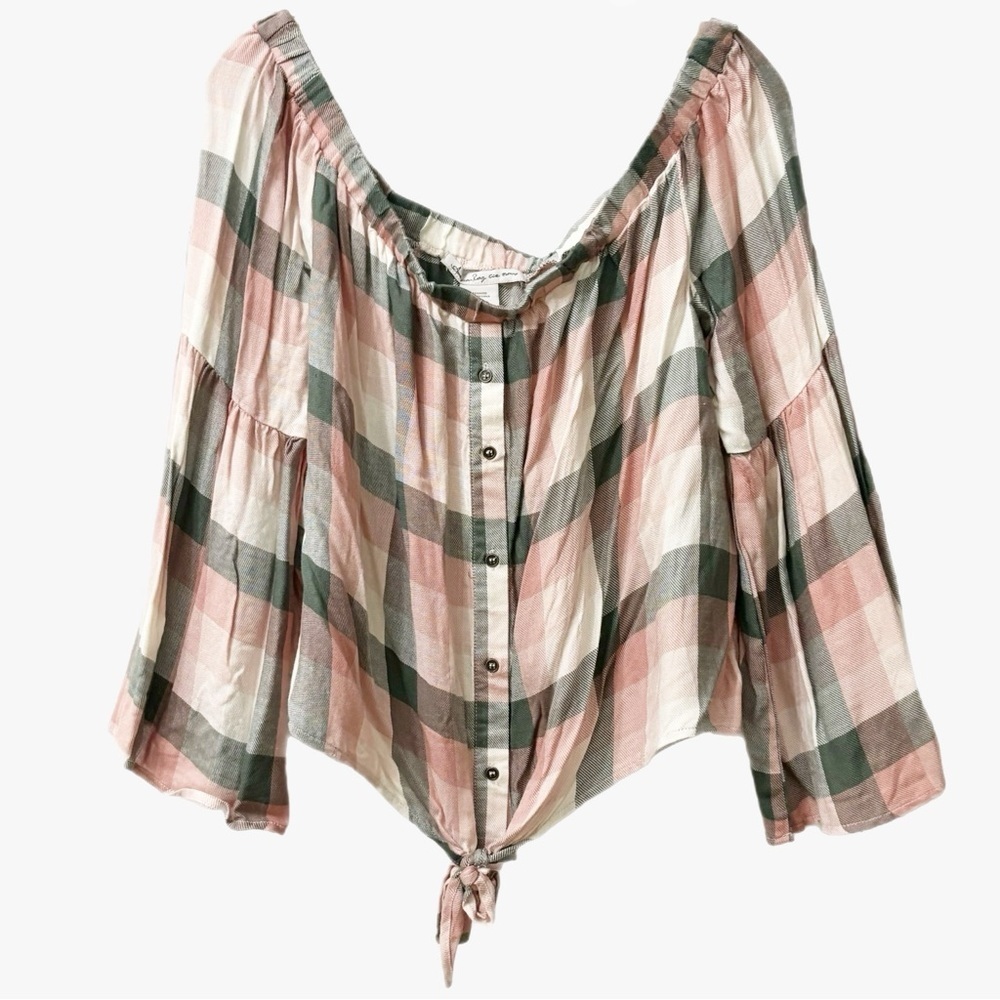 ➕ NWT American Rag Plaid Off The Shoulder Tie Front Top Women’s Size XXL - Picture 2 of 10